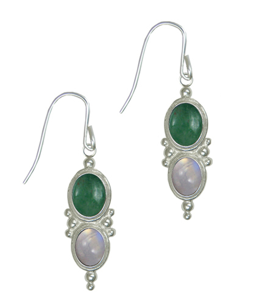 Sterling Silver Drop Dangle Earrings With Jade And Rainbow Moonstone